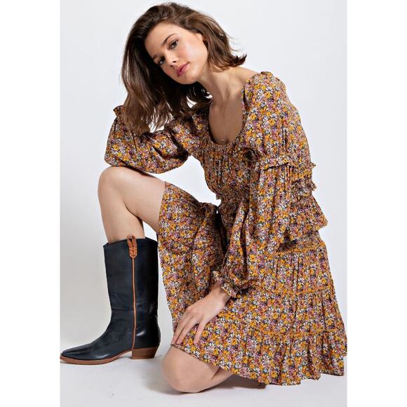 Easel Matching Floral Printed Top and Mini Skirt Set Sunflower L - Picture 1 of 3